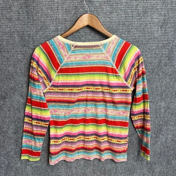 Chaps Sport Women Medium Multi Color Striped Southwestern Long Sleeve Cotton Top - Picture 3 of 4